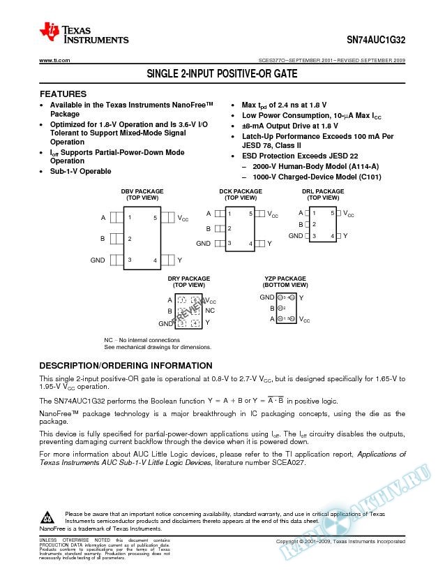 SN74AUC1G32 Single 2-Input Positive-OR Gate (Rev. O)