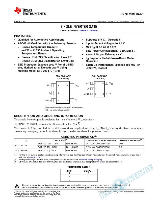Single Inverter Gate, SN74LVC1G04-Q1 (Rev. D)