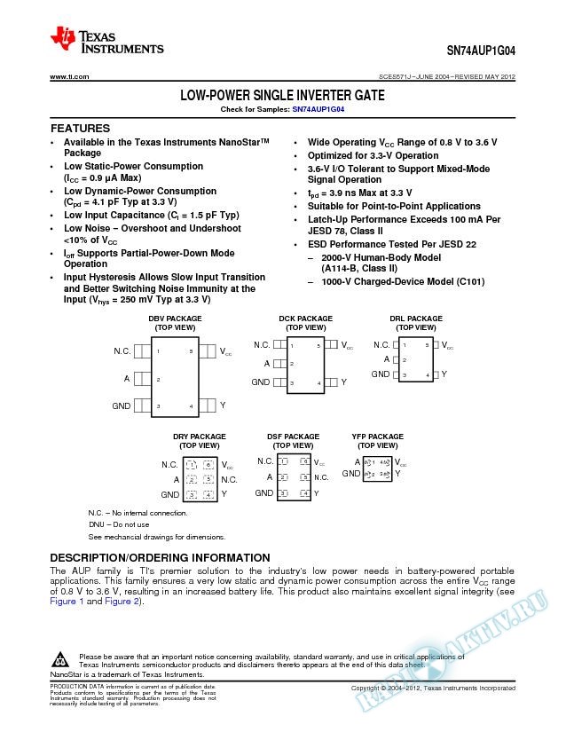 Low-Power Single Inverter Gate (Rev. J)