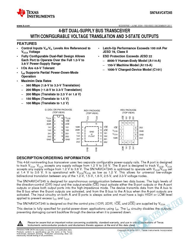 4-Bit Dual-Supply Bus Transceiver, SN74AVC4T245 (Rev. E)