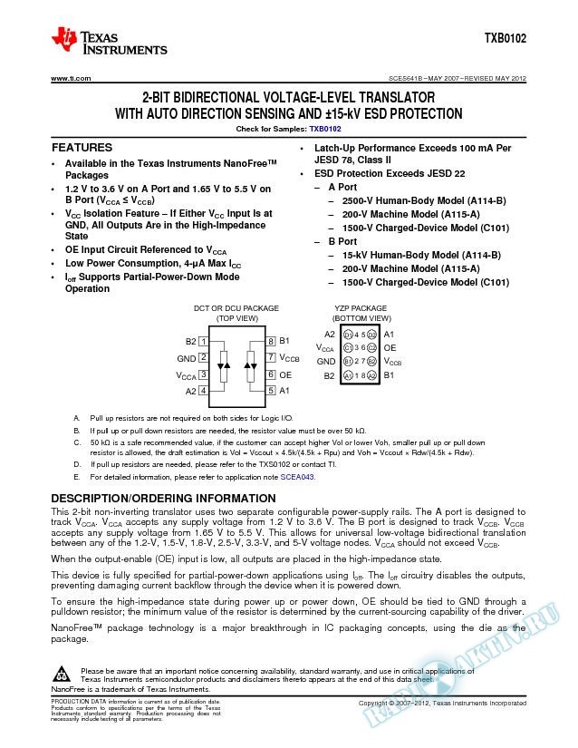 2-Bit Bidirectional Voltage-Level Translator, TXB0102 (Rev. B)