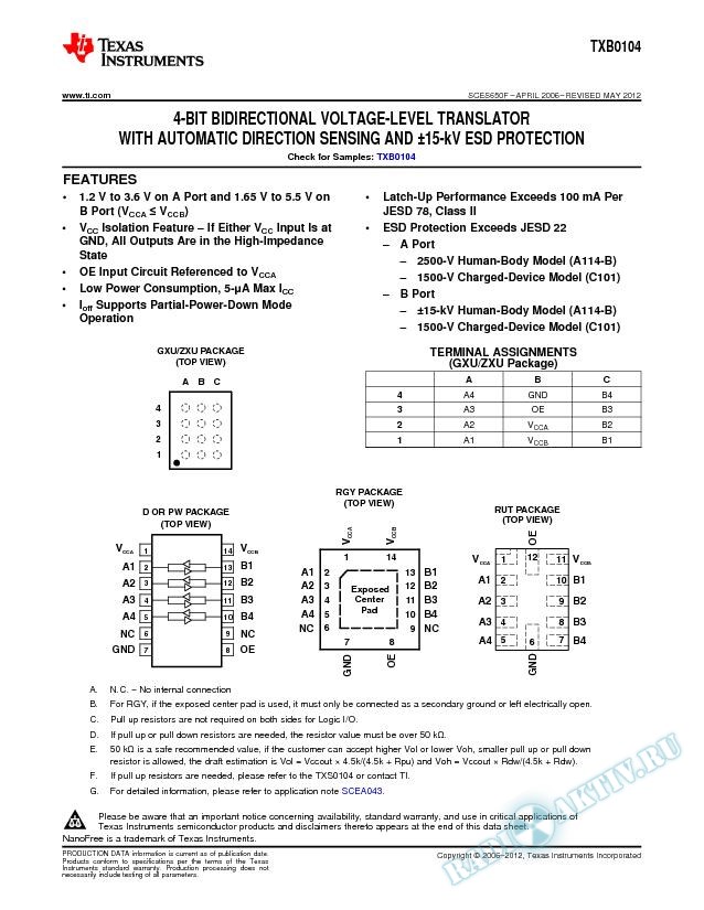 TXB0104 4-Bit Bidirectional Voltage-Level Translator (Rev. F)