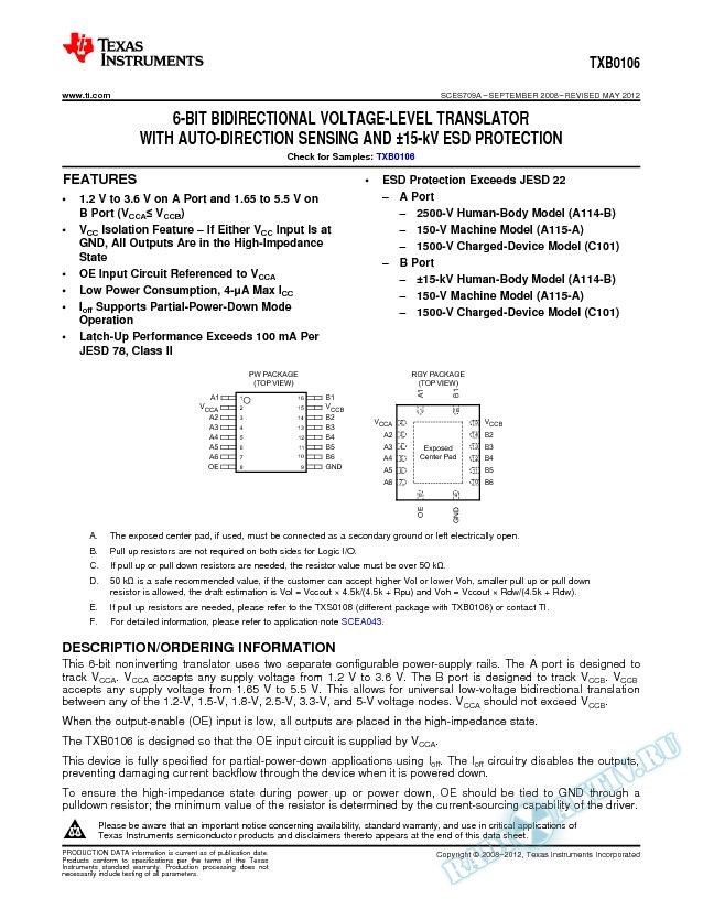 6-Bit Bidirectional Voltage-Level Translator, TXB0106 (Rev. A)