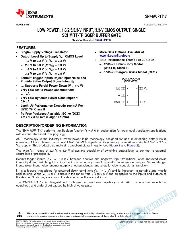 Low Power, 1.8/2.5/3.3-V In, 3.3-V CMOS Out, Single Schmitt-Trigger Buffer Gate