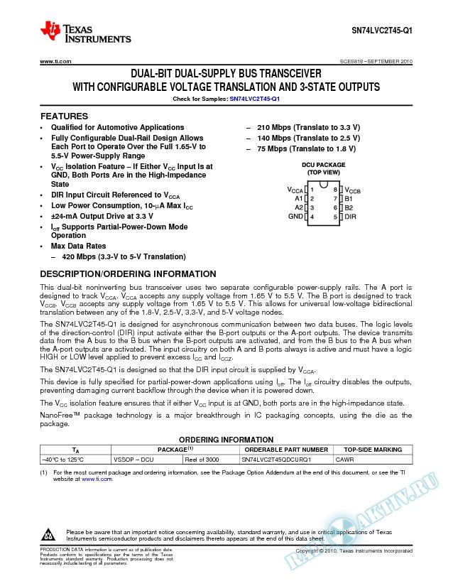 SN74LVC2T45-Q1 DUAL-BIT DUAL-SUPPLY BUS TRANSCEIVER WITH CONFIGURABLE VOLTA ...