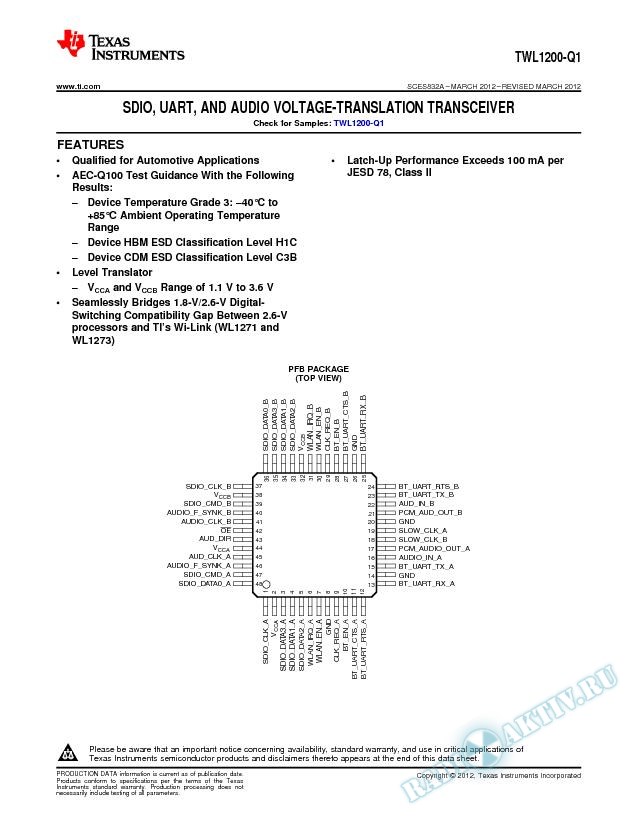 SDIO, UART, and Audio Voltage-Translation Transceiver, TWL1200-Q1 (Rev. A)