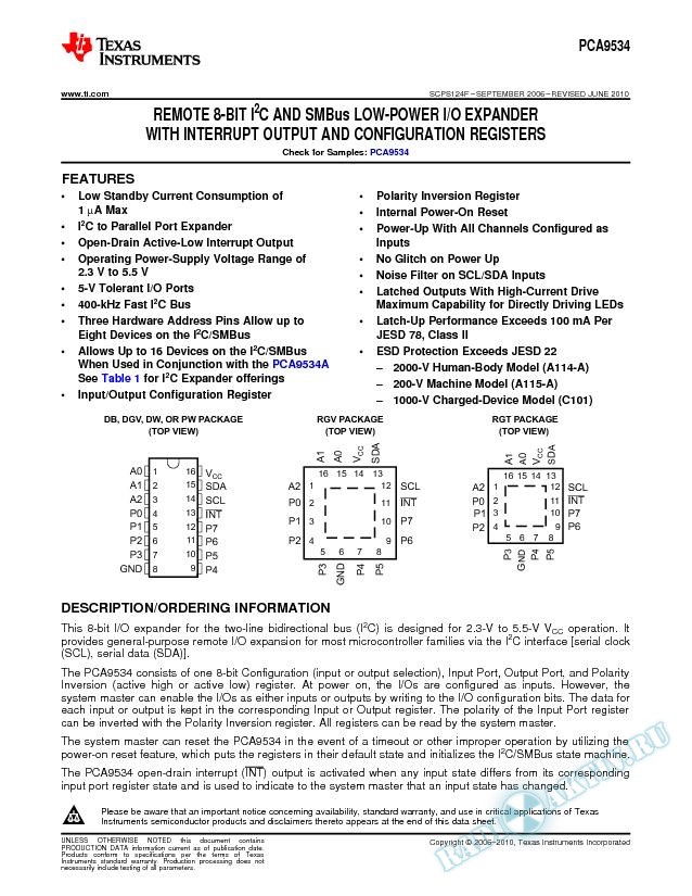 PCA9534 Remote 8-Bit I2C and SMBus Low-Power I/O Expander (Rev. F)