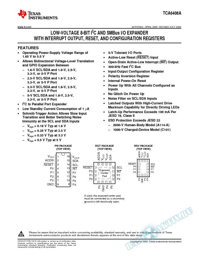 Low-Voltage 8-Bit I2C and SMBus I/O Expander (Rev. C)