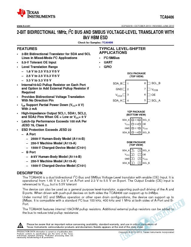 TCA9406 Dual Bidirectional 1-MHz I2C-BUS and SMBus Voltage Level-Translator (Rev. B)