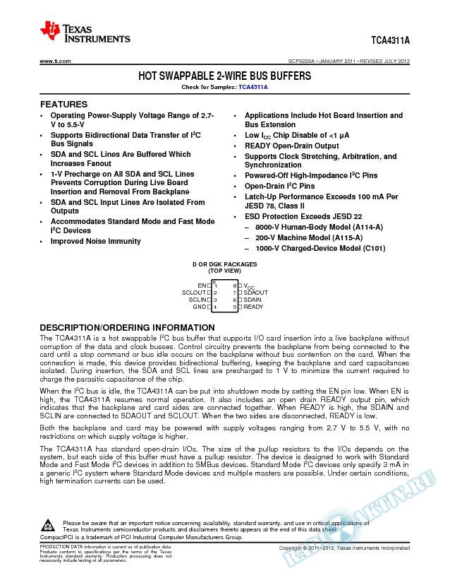 Hot Swappable 2-Wire Bus Buffers, TCA4311A (Rev. A)