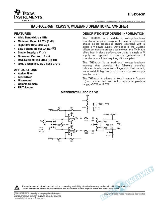 Rad-Tolerant Class V, Wideband Operational Amplifier (Rev. A)