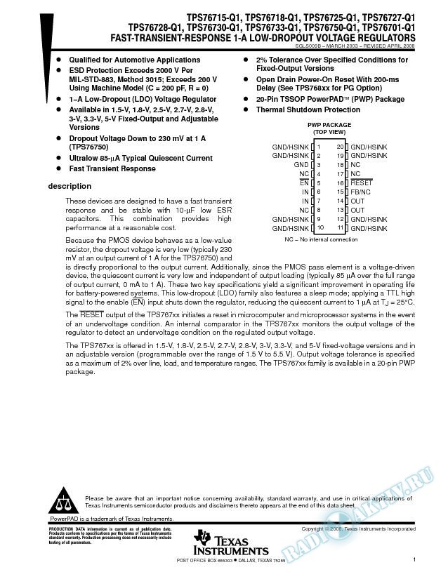 Fast-Transient-Response 1-A Low-Dropout Voltage Regulators (Rev. B)