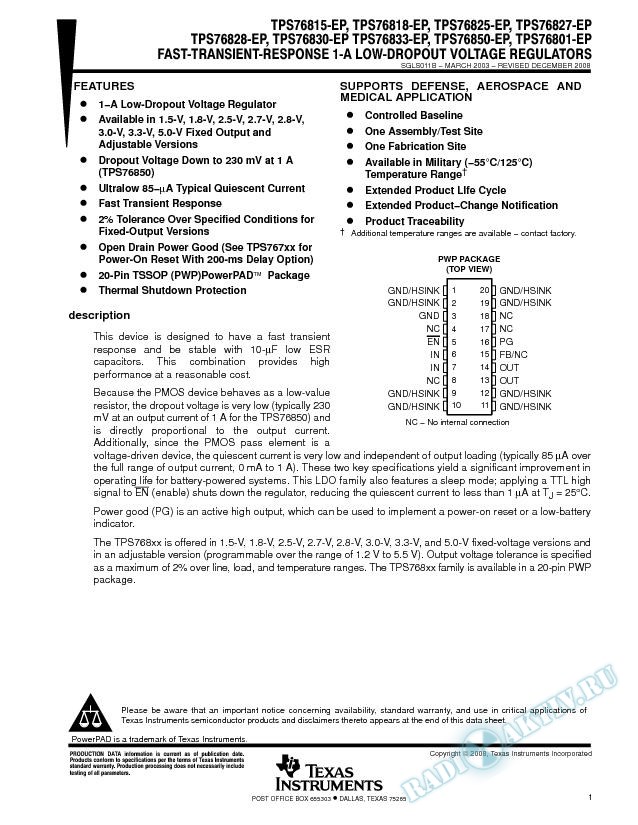 TPS768xx-EP: Fast-Transient-Response 1-A Low-Dropout Voltage Regulators (Rev. B)