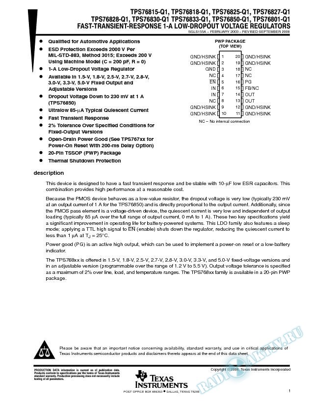 TSP768xx-Q1  Fast Transient-Response 1-A Low-Dropout Voltage Regulators (Rev. A)