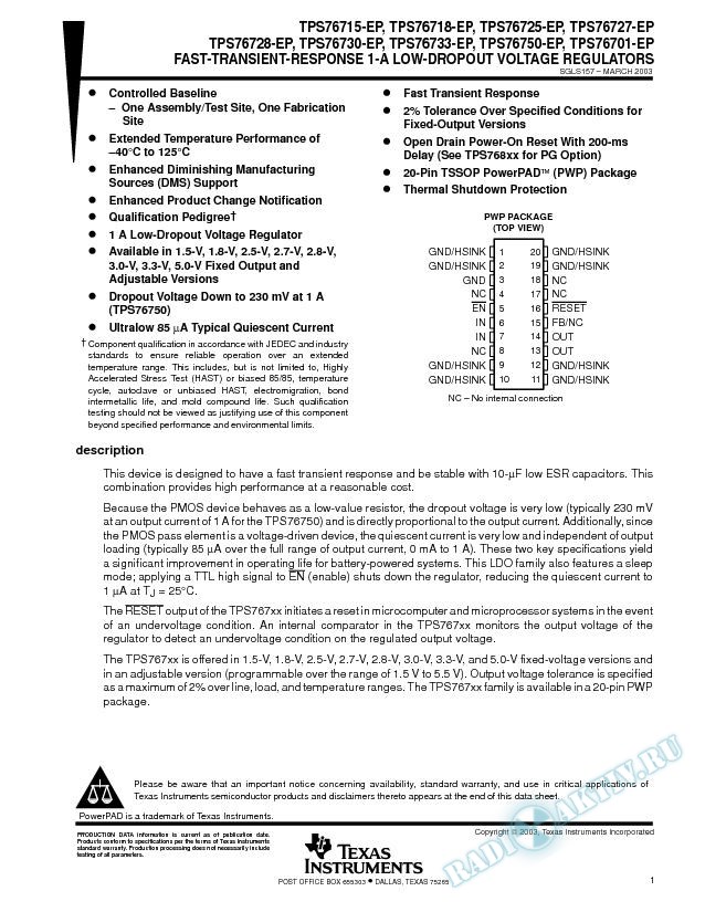 TPS767xx-EP:  Fast-Transient-Response 1-A Low-Dropout Voltage Regulators