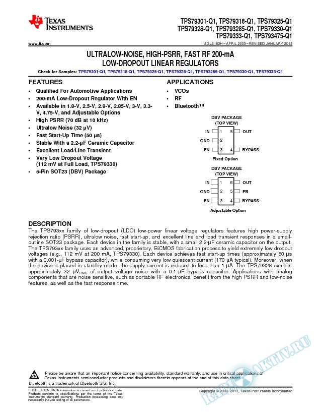 TPS793xx-Q1 Ultralow-Noise High-PSRR Fast-RF 200-mA Low-Dropout Linear Regulator (Rev. H)