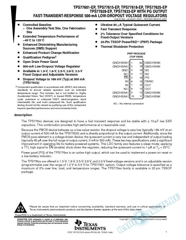 TPS776xx-EP W/PG Outpt Fast-Transient-Response 500-mA Low-Dropout Voltage Reg (Rev. A)