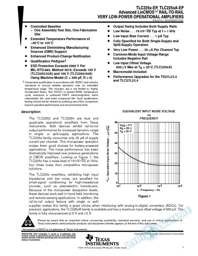 TLC225xx-EP: Rail-to-Rail Very Low Power Operational Amplifiers