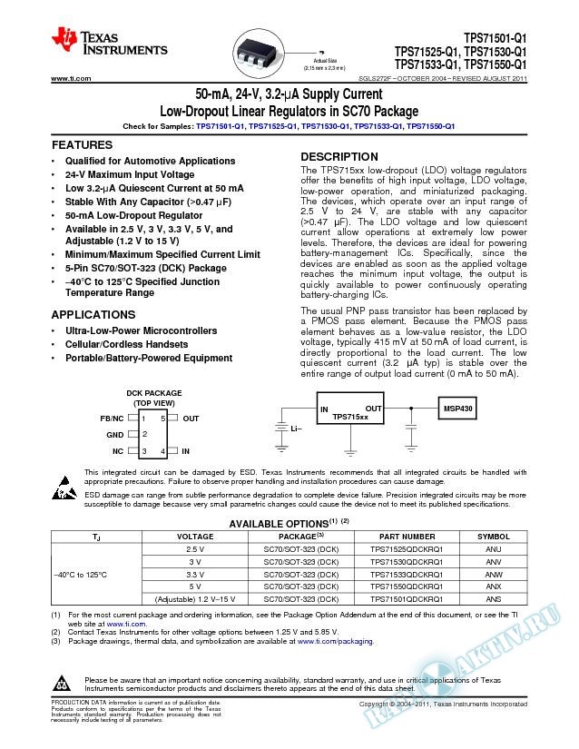 50-mA, 24-V, 3.2-uA Supply Current Low-Dropout Linear Regulators in SC70 Package (Rev. F)