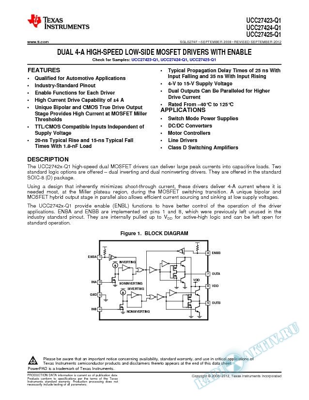UCC2742x-Q1 Dual 4-A High-Speed Low-Side MOSFET Driver With Enable (Rev. F)