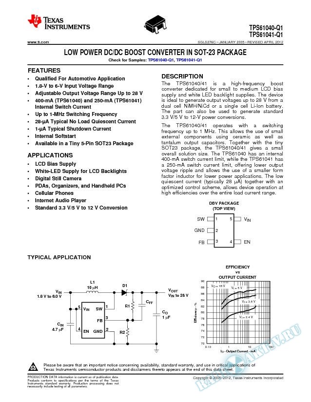 Low Power DC/DC Boost Conveter in SOT-23 Package (Rev. C)