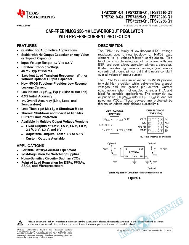 Cap-Free NMOS 250-mA Low-Dropout Regulator w/ Reverse Current Protection (Rev. D)