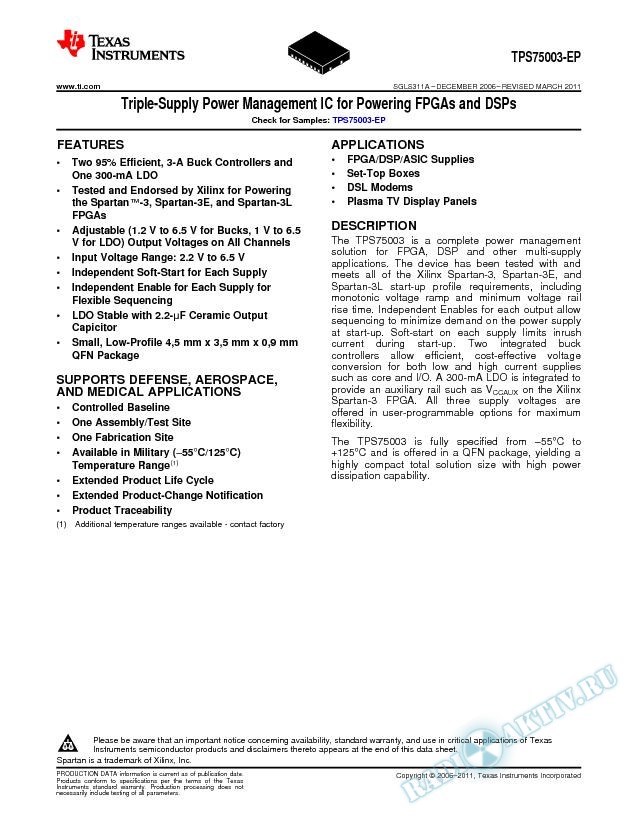 Triple Supply, Power Management IC for Powering FPGAs and DSPs (Rev. A)
