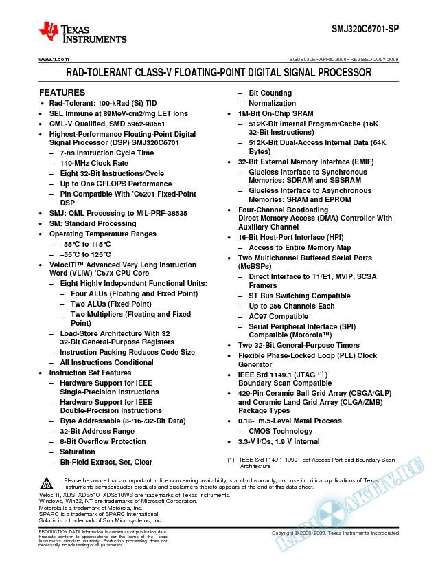 Rad-Tolerant Class-V Floating-Point Digital Signal Processor (Rev. E)