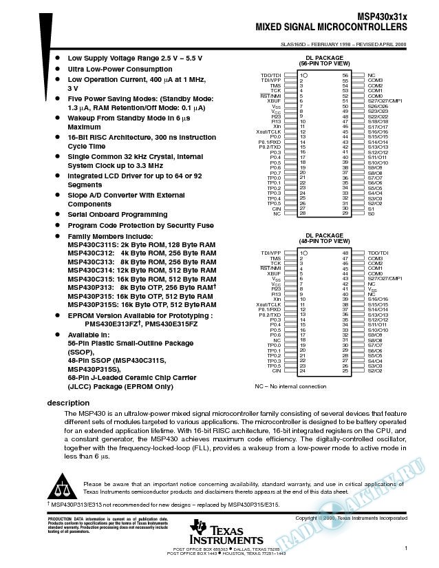MSP430x31x Mixed Signal Microcontrollers (Rev. D)