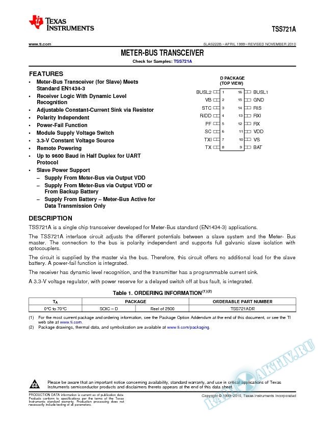 TSS721A Meter-Bus Transceiver (Rev. B)