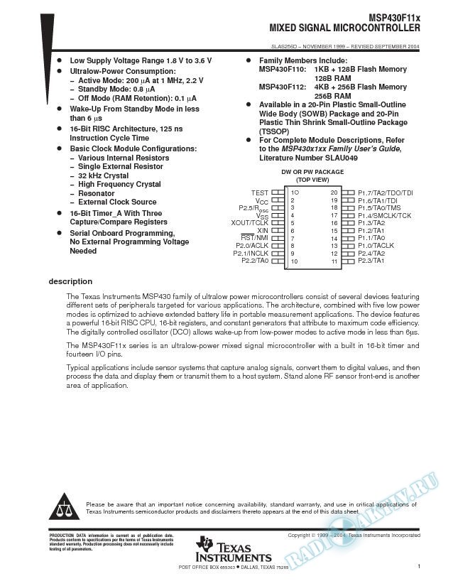 MSP430F11x Mixed Signal Microcontrollers (Rev. D)
