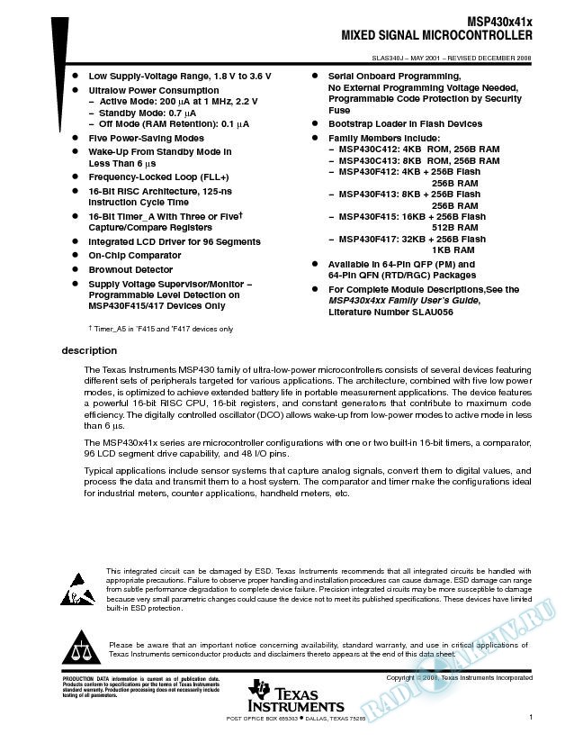 MSP430x41x Mixed Signal Microcontroller (Rev. J)