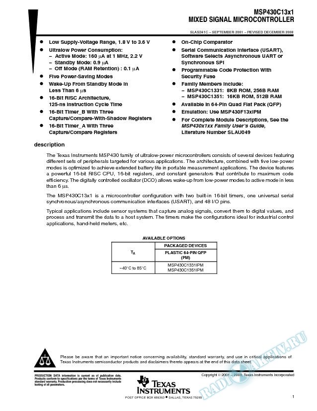 MSP430C13x1 Mixed Signal Microcontroller (Rev. C)