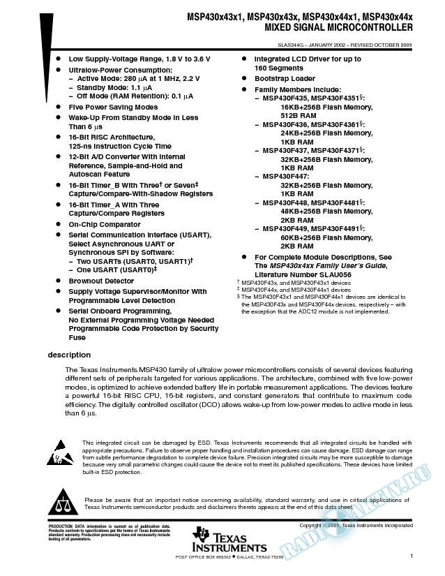 MSP430x43x, MSP430x43x1, MSP430x44x Mixed Signal Microcontroller (Rev. G)
