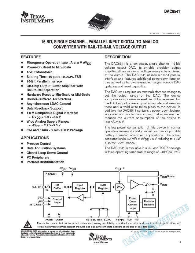 16-Bit, Single Channel, Parallel Input Digital-to-Analog Converter with Rail-to-