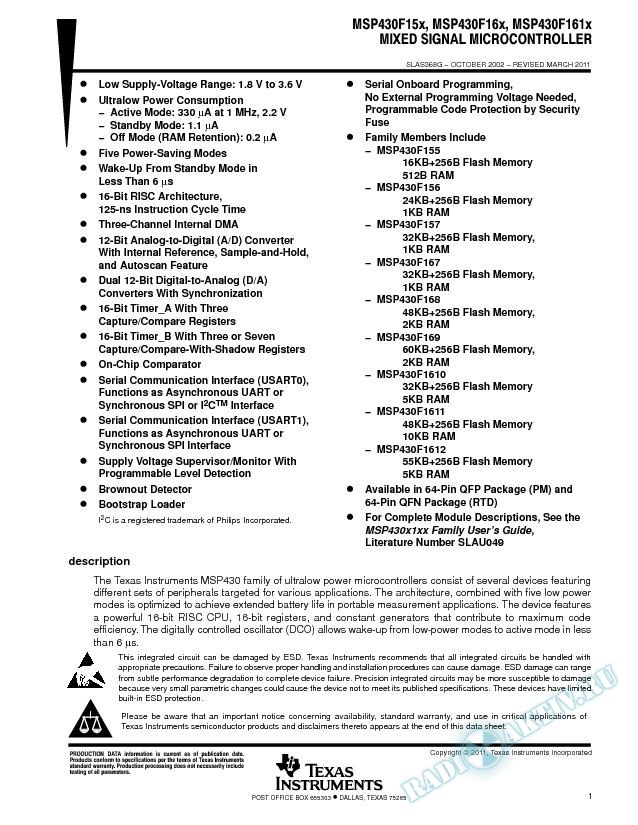 MSP430F15x, MSP430F16x, MSP430F161x Mixed Signal Microcontroller (Rev. G)
