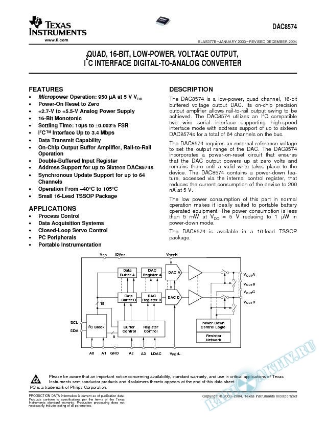 Quad 16-Bit Low Power Voltage Output I2C Interface Digital-to-Analog Converter (Rev. B)