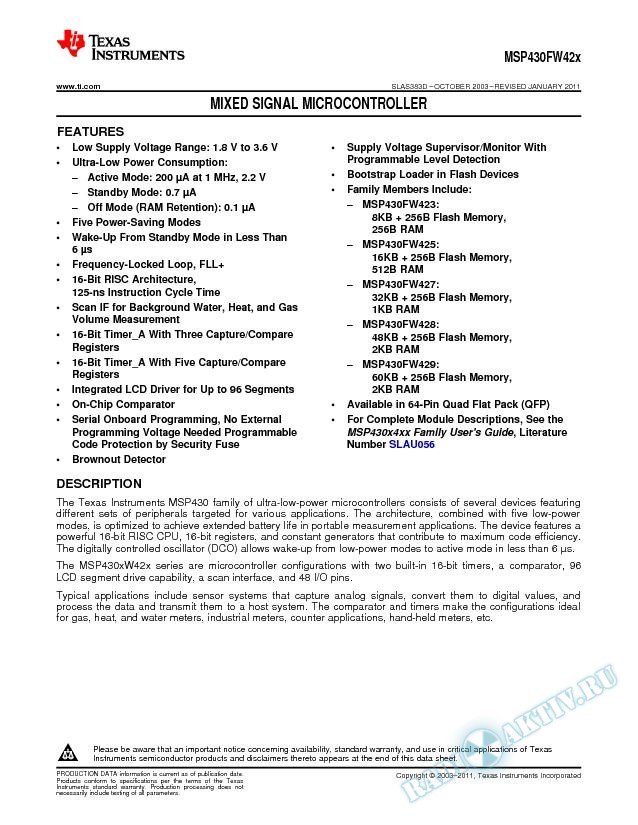 MSP430FW42x Mixed Signal Microcontroller (Rev. D)