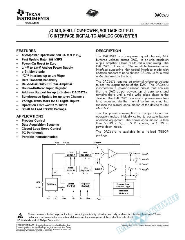 DAC5573: Quad 8-Bit Low-Power Voltage Output I2D Interface DAC