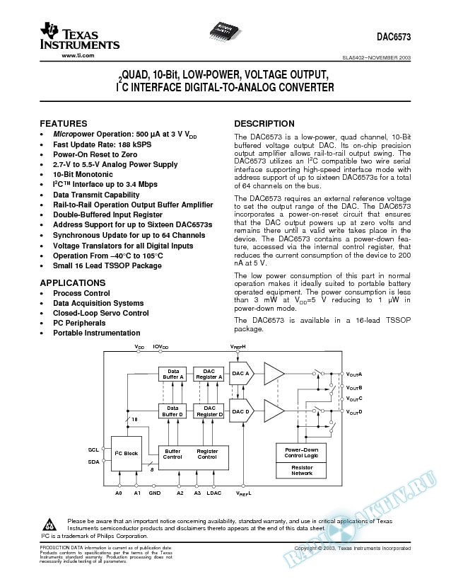 DAC6573: Quad 10-Bit Low-Power Voltage Output I2C Interface DAC