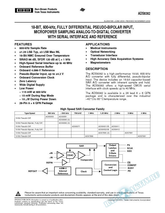 ADS8382: 18-Bit 600-kHz Unipolar Differential Input Micropower Sampling ADC (Rev. B)