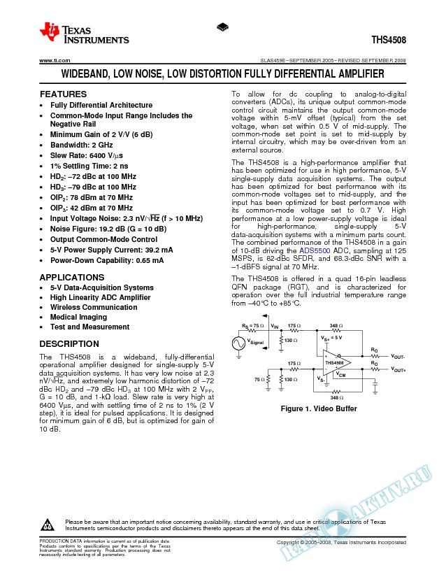 Wideband Low Noise Low Distortion Fully Differential Amplifier (Rev. E)