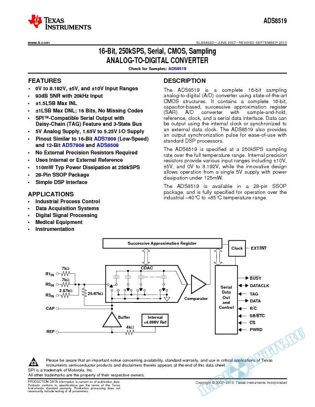 16-Bit, 250kSPS, Serial, CMOS, Sampling ADC (Rev. D)