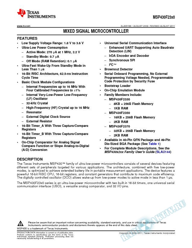 MSP430F23x0 Mixed Signal Microcontroller (Rev. E)