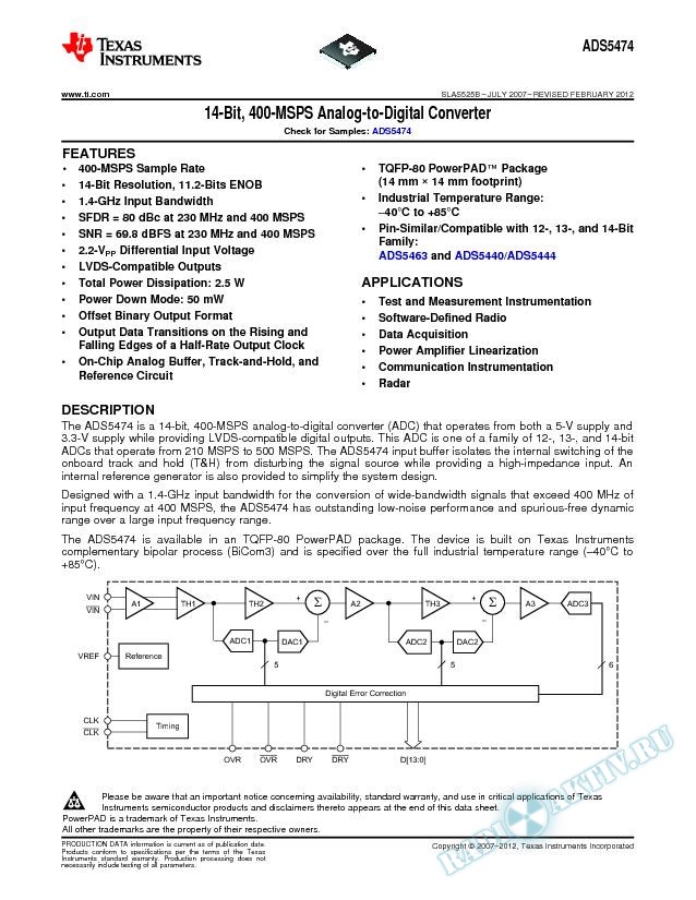 14-Bit 400-MSPS Analog-to-Digital Converter (Rev. B)