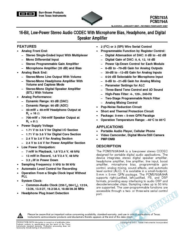 16-Bit Low Power Stereo Audio CODEC w/Microphone Bias Headphone Digit Speakr Amp (Rev. A)