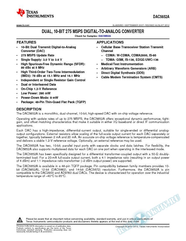 Dual 10Bit 275 MSPS Digital-to-Analog Converter (Rev. D)
