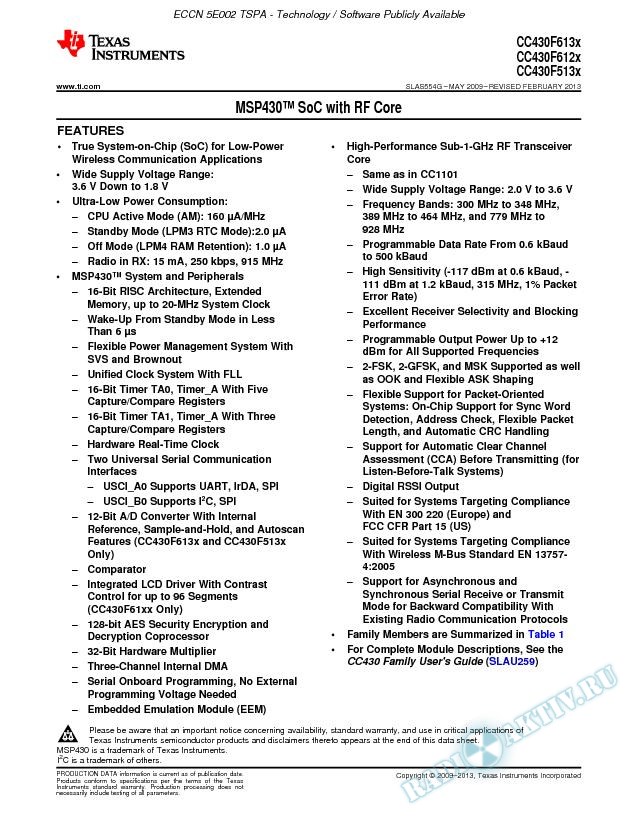 CC430F613x, CC430F612x, CC430F513x MSP430 SoC With RF Core (Rev. G)