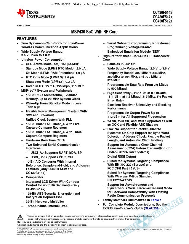 CC430F614x, CC430F514x, CC430F512x SoC With RF Core (Rev. A)