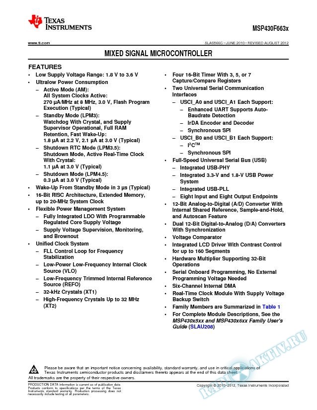 MSP430F663x Mixed Signal Microcontroller (Rev. C)